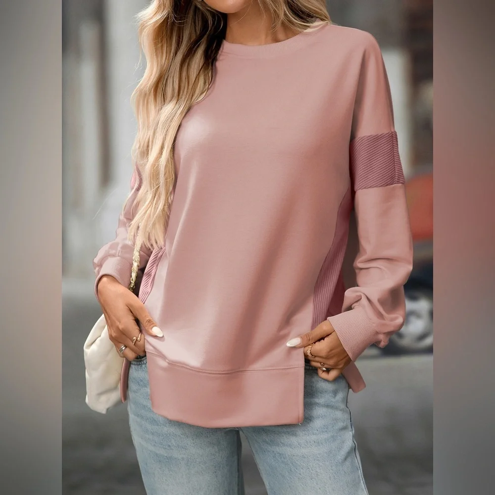 Slit Round Neck Long Sleeve Sweatshirt